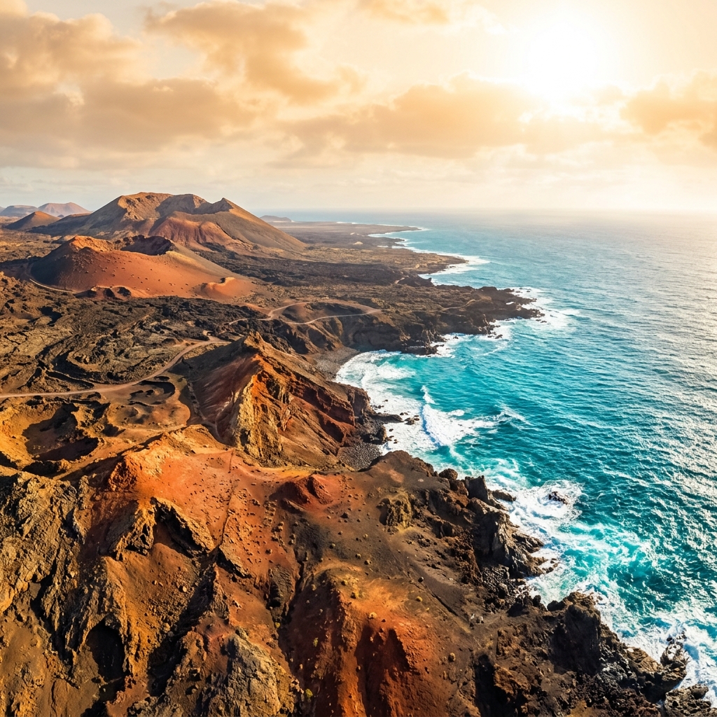 Paisaje volcánico de Lanzarote y Océano Atlántico